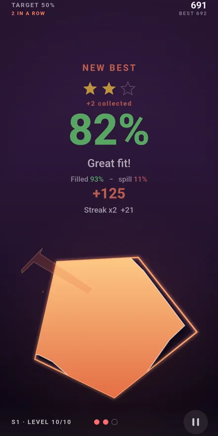 A pentagon target filled closely, scoring 82% with two stars.