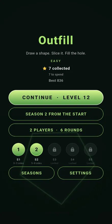 The main menu: continue from level 12, seasons 1 and 2 open and later seasons locked, and the two-player button.